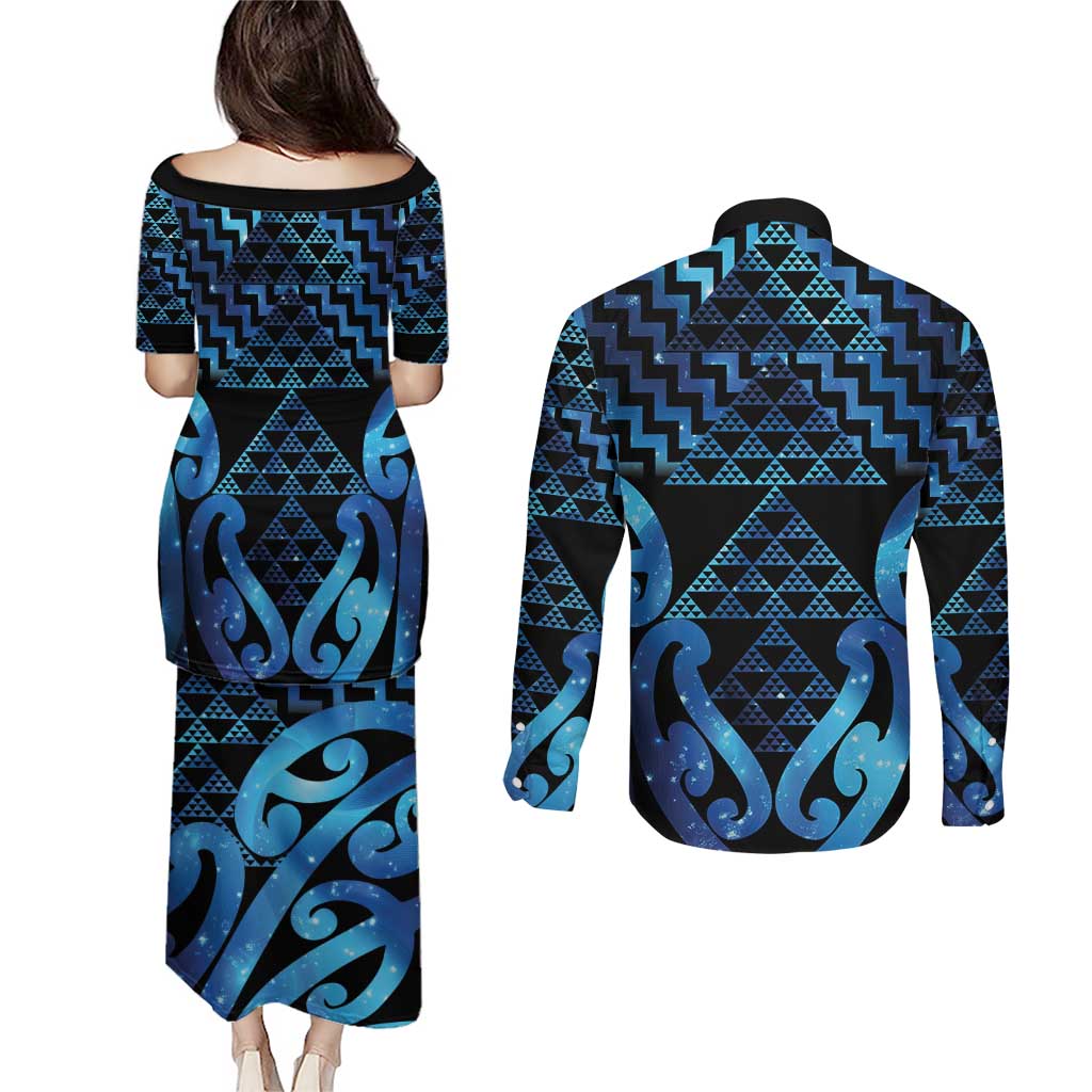 Taniko Motifs Matariki New Zealand Couples Matching Puletasi and Long Sleeve Button Shirt NZ Niho Taniwha Poutama