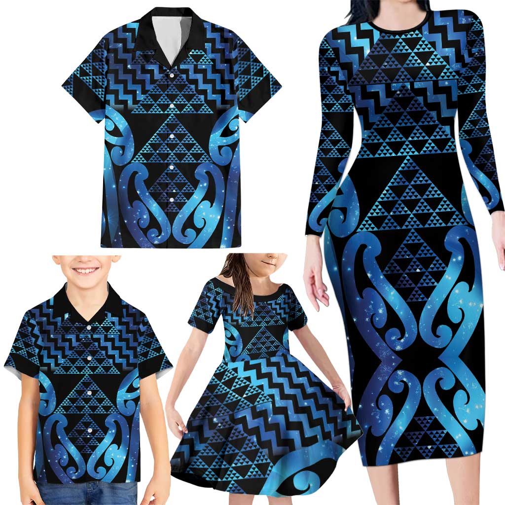 Taniko Motifs Matariki New Zealand Family Matching Long Sleeve Bodycon Dress and Hawaiian Shirt NZ Niho Taniwha Poutama LT14 - Polynesian Pride