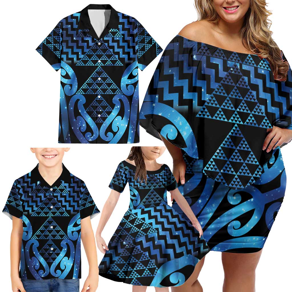 Taniko Motifs Matariki New Zealand Family Matching Off Shoulder Short Dress and Hawaiian Shirt NZ Niho Taniwha Poutama LT14 - Polynesian Pride