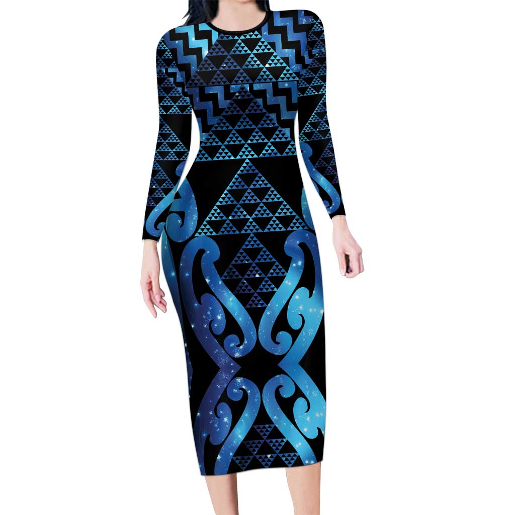 Taniko Motifs Matariki New Zealand Long Sleeve Bodycon Dress NZ Niho Taniwha Poutama
