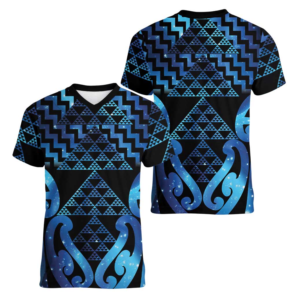 Taniko Motifs Matariki New Zealand Women V-Neck T-Shirt NZ Niho Taniwha Poutama