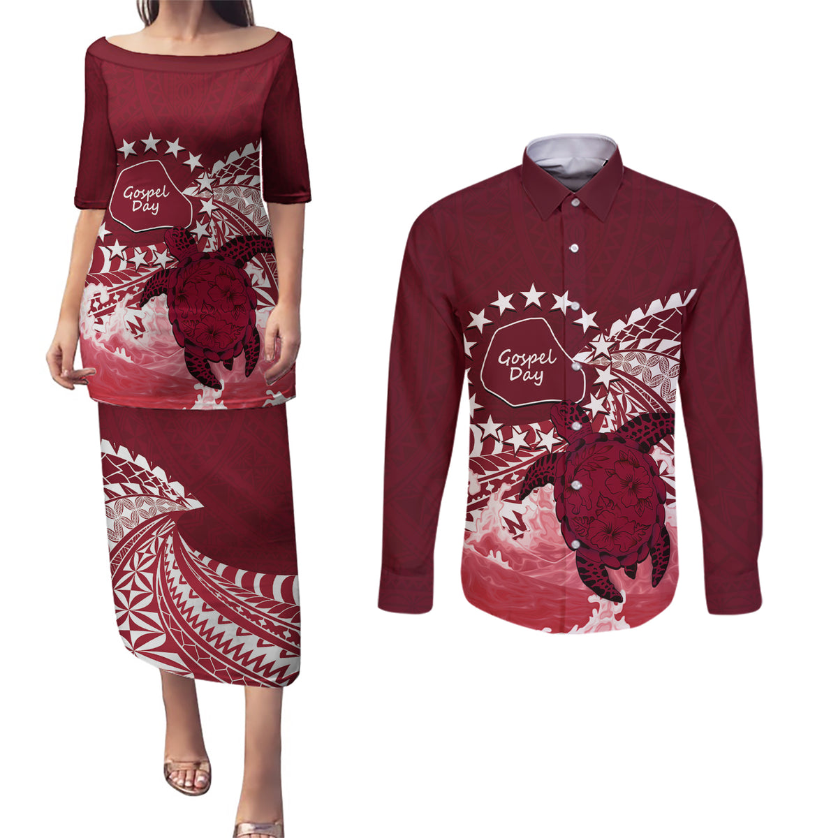 Cook Islands Mangaia Gospel Day Couples Matching Puletasi and Long Sleeve Button Shirt Polynesian Art With Sea Turtle