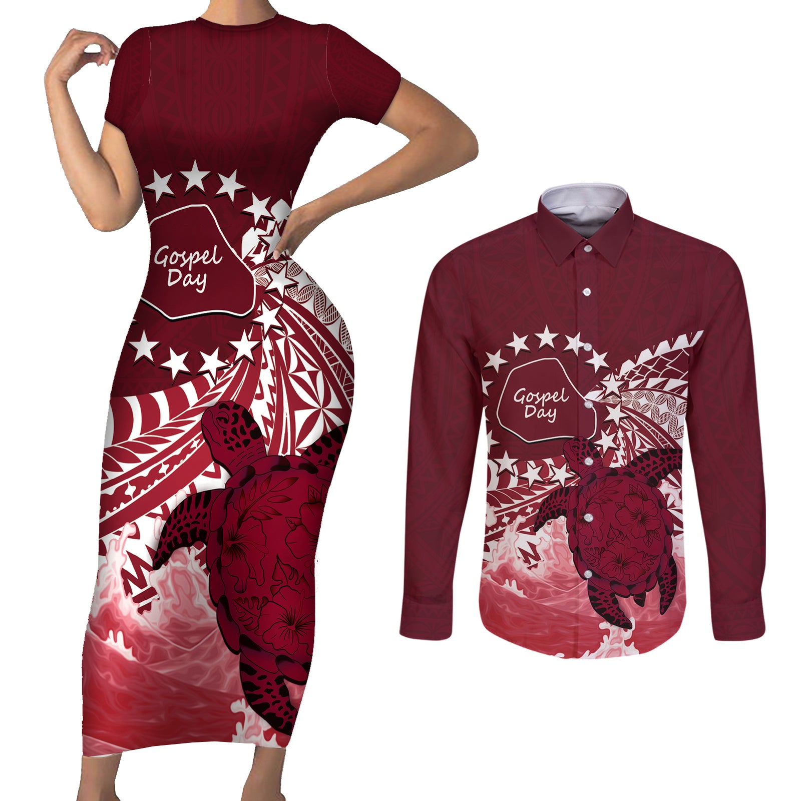Cook Islands Mangaia Gospel Day Couples Matching Short Sleeve Bodycon Dress and Long Sleeve Button Shirt Polynesian Art With Sea Turtle