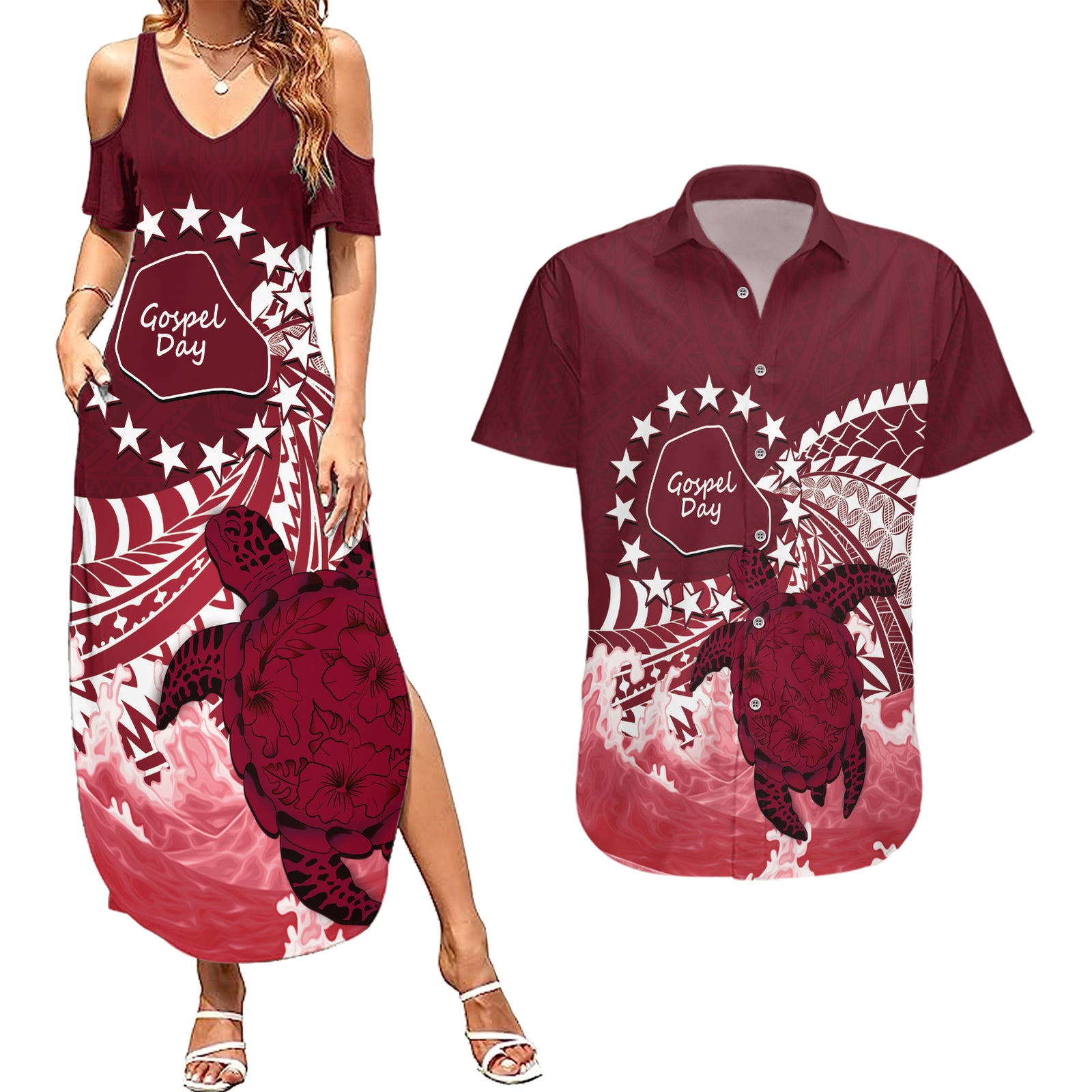 Cook Islands Mangaia Gospel Day Couples Matching Summer Maxi Dress and Hawaiian Shirt Polynesian Art With Sea Turtle