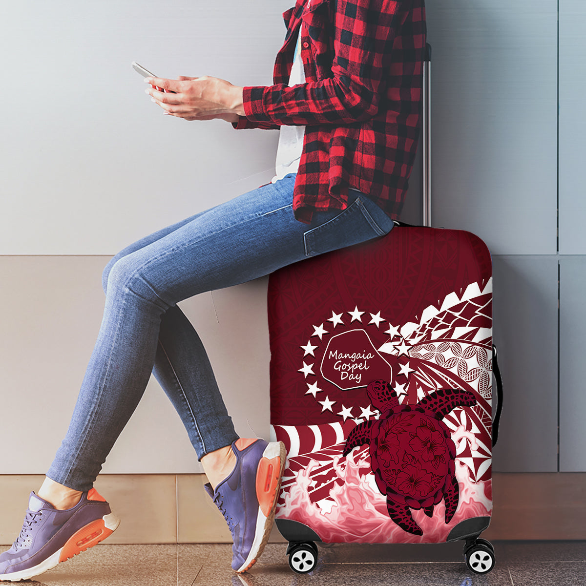 Cook Islands Mangaia Gospel Day Luggage Cover Polynesian Art With Sea Turtle