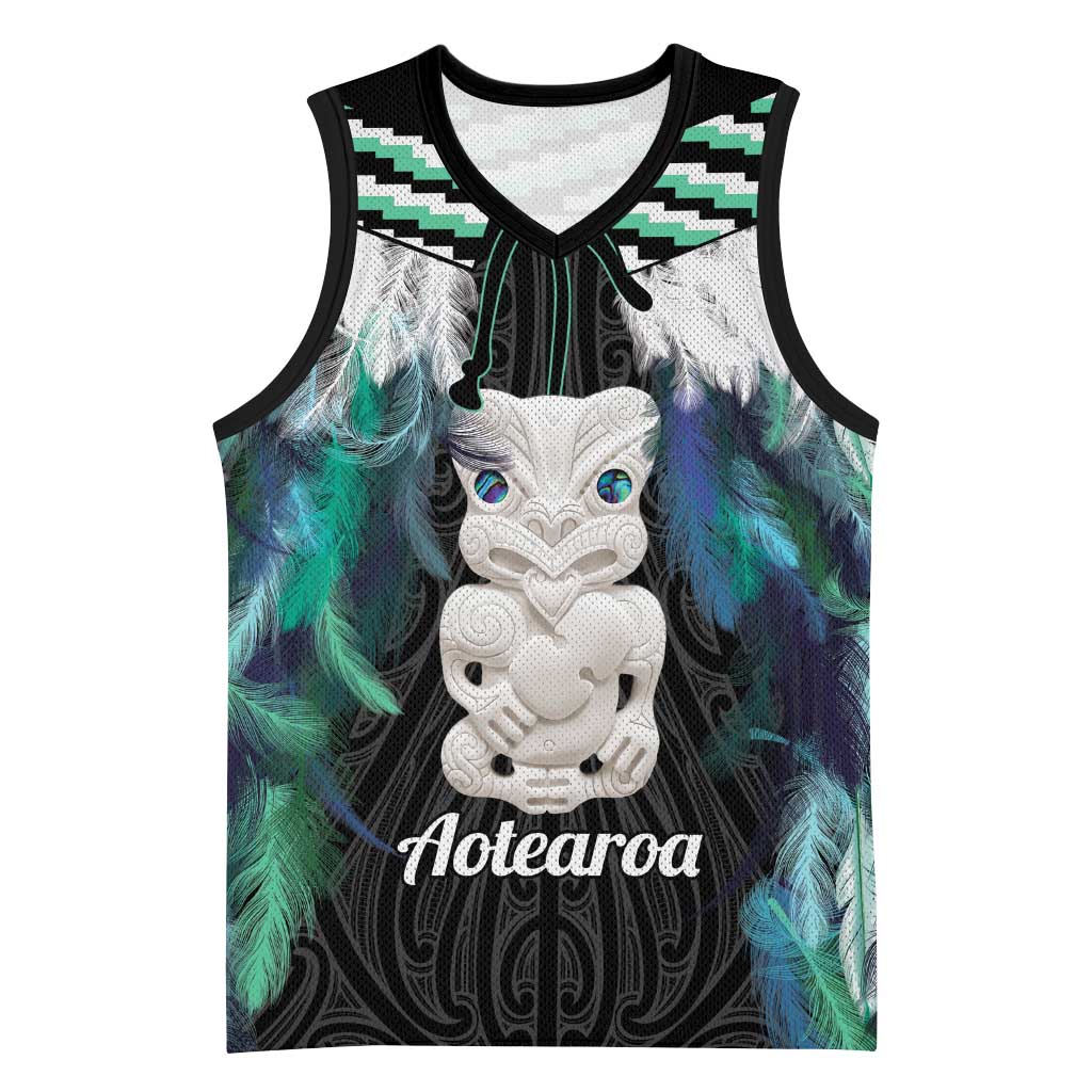 Aotearoa Korowai Motif Basketball Jersey Hei Tiki Poutama Maori Pattern LT14 Unisex Turquoise - Polynesian Pride