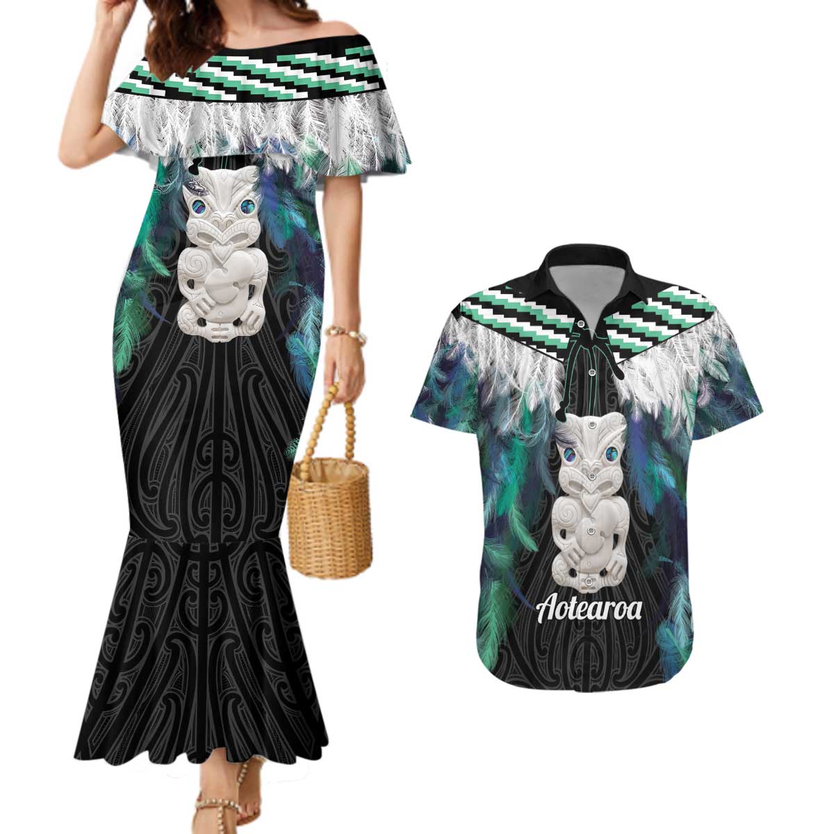 Aotearoa Korowai Motif Couples Matching Mermaid Dress and Hawaiian Shirt Hei Tiki Poutama Maori Pattern