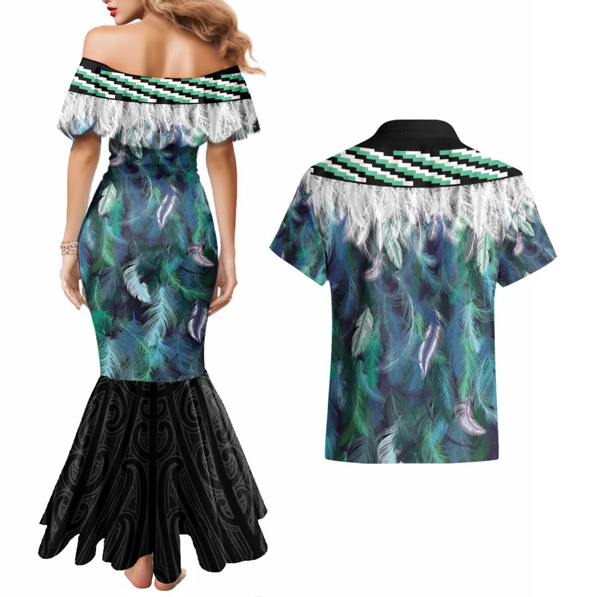 Aotearoa Korowai Motif Couples Matching Mermaid Dress and Hawaiian Shirt Hei Tiki Poutama Maori Pattern