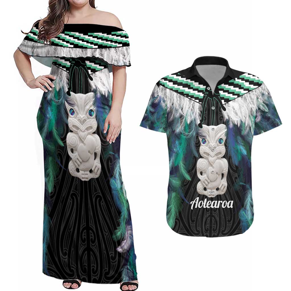 Aotearoa Korowai Motif Couples Matching Off Shoulder Maxi Dress and Hawaiian Shirt Hei Tiki Poutama Maori Pattern