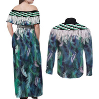 Aotearoa Korowai Motif Couples Matching Off Shoulder Maxi Dress and Long Sleeve Button Shirt Hei Tiki Poutama Maori Pattern LT14 - Polynesian Pride