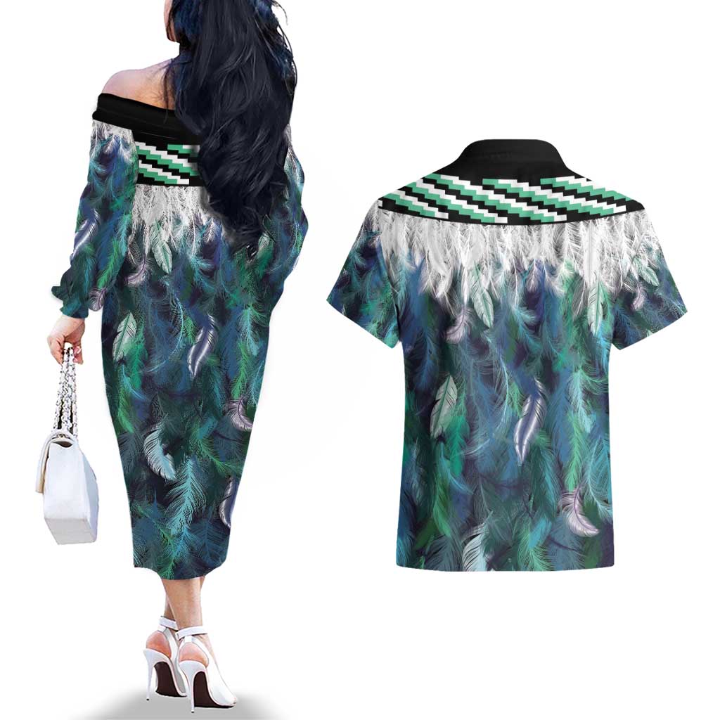 Aotearoa Korowai Motif Couples Matching Off The Shoulder Long Sleeve Dress and Hawaiian Shirt Hei Tiki Poutama Maori Pattern