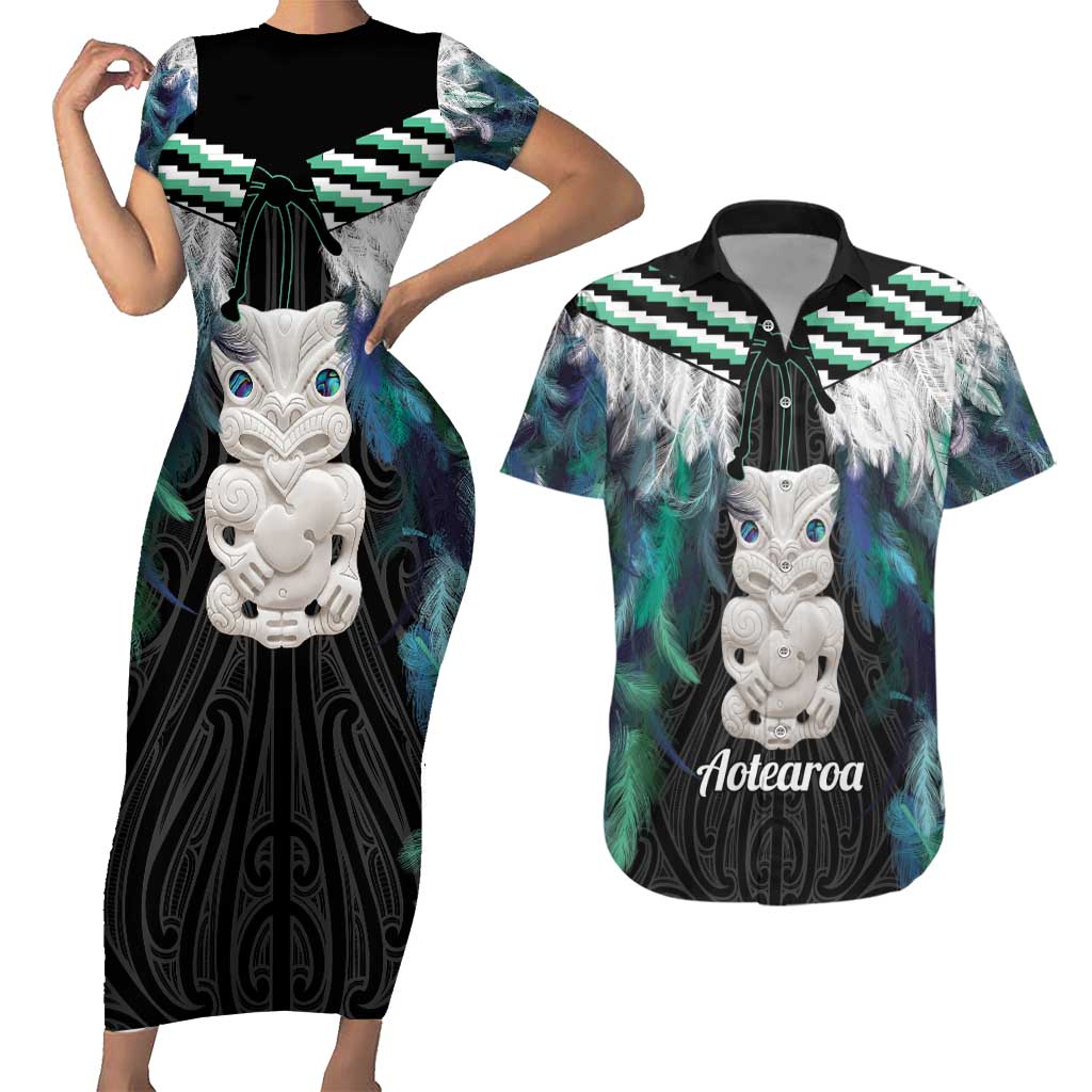 Aotearoa Korowai Motif Couples Matching Short Sleeve Bodycon Dress and Hawaiian Shirt Hei Tiki Poutama Maori Pattern