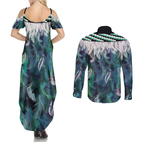 New Zealand Couples Matching Summer Maxi Dress and Long Sleeve Button Shirts Silver Fern and Hei Tiki with Papua Shell Maori Tribal LT03