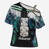 Aotearoa Korowai Motif Cross Shoulder Shirt Hei Tiki Poutama Maori Pattern LT14 Female Turquoise - Polynesian Pride