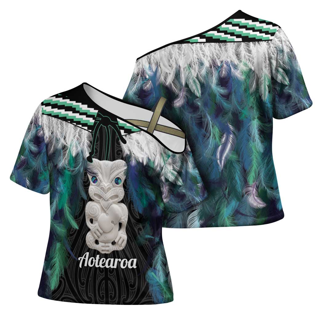 Aotearoa Korowai Motif Cross Shoulder Shirt Hei Tiki Poutama Maori Pattern LT14 - Polynesian Pride