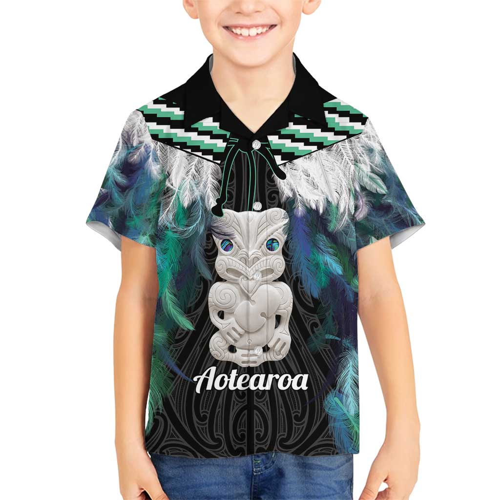 Aotearoa Korowai Motif Family Matching Long Sleeve Bodycon Dress and Hawaiian Shirt Hei Tiki Poutama Maori Pattern LT14 Son's Shirt Turquoise - Polynesian Pride