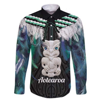 Aotearoa Korowai Motif Family Matching Off The Shoulder Long Sleeve Dress and Hawaiian Shirt Hei Tiki Poutama Maori Pattern