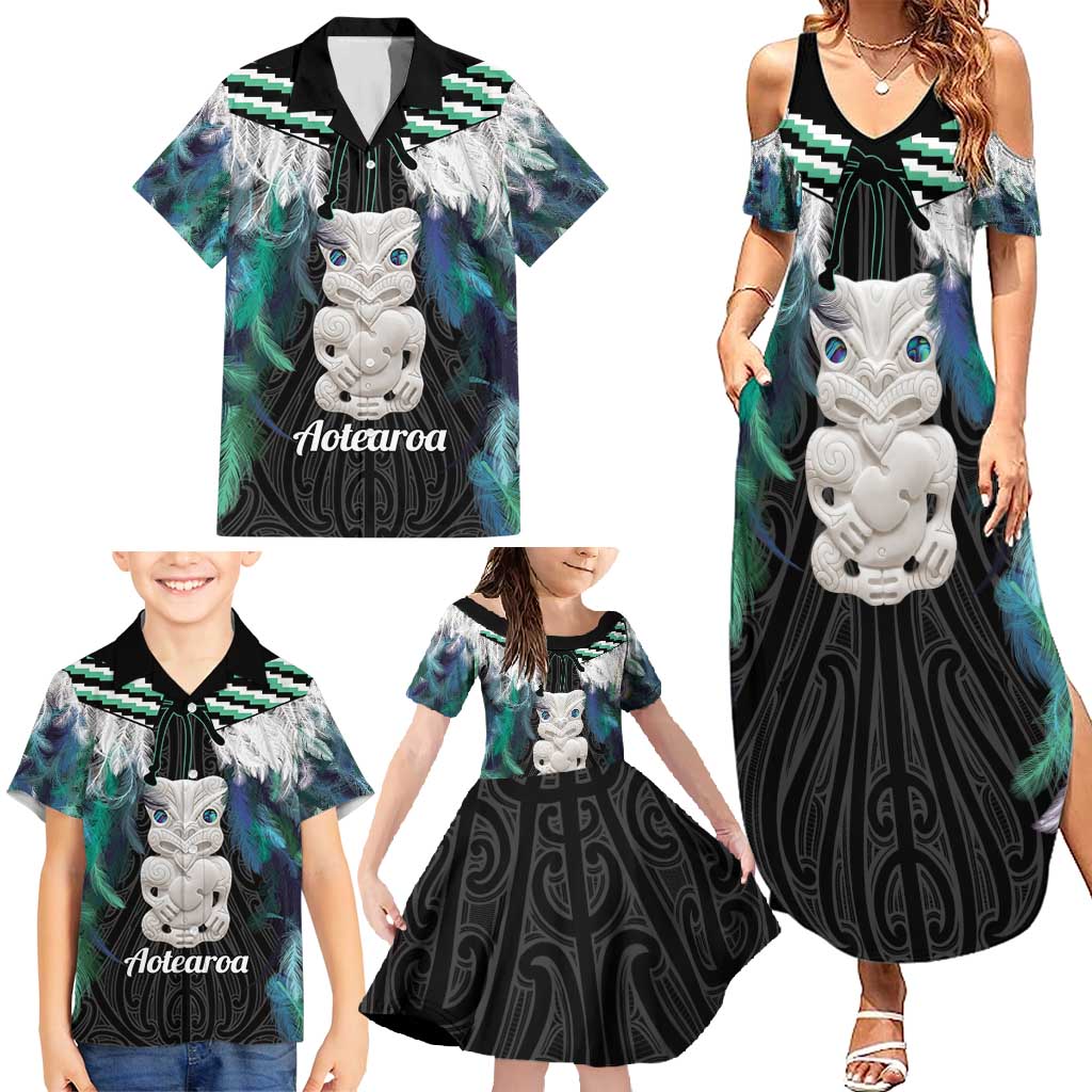 Aotearoa Korowai Motif Family Matching Summer Maxi Dress and Hawaiian Shirt Hei Tiki Poutama Maori Pattern