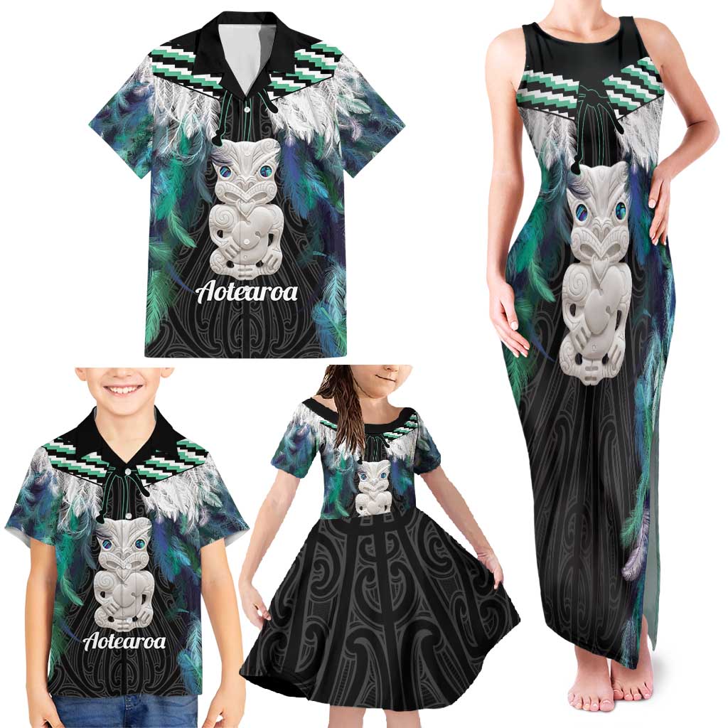 Aotearoa Korowai Motif Family Matching Tank Maxi Dress and Hawaiian Shirt Hei Tiki Poutama Maori Pattern