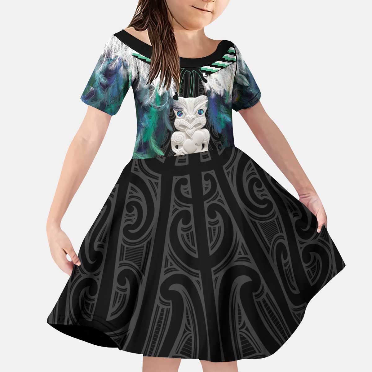 Aotearoa Korowai Motif Kid Short Sleeve Dress Hei Tiki Poutama Maori Pattern