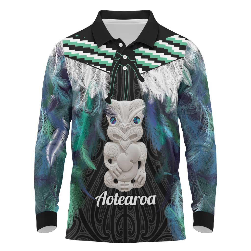 Aotearoa Korowai Motif Long Sleeve Polo Shirt Hei Tiki Poutama Maori Pattern LT14 Turquoise - Polynesian Pride