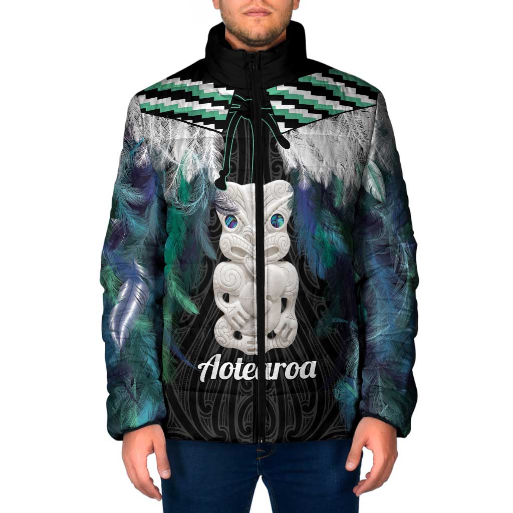 Aotearoa Korowai Motif Padded Jacket Hei Tiki Poutama Maori Pattern LT14 Men Turquoise - Polynesian Pride
