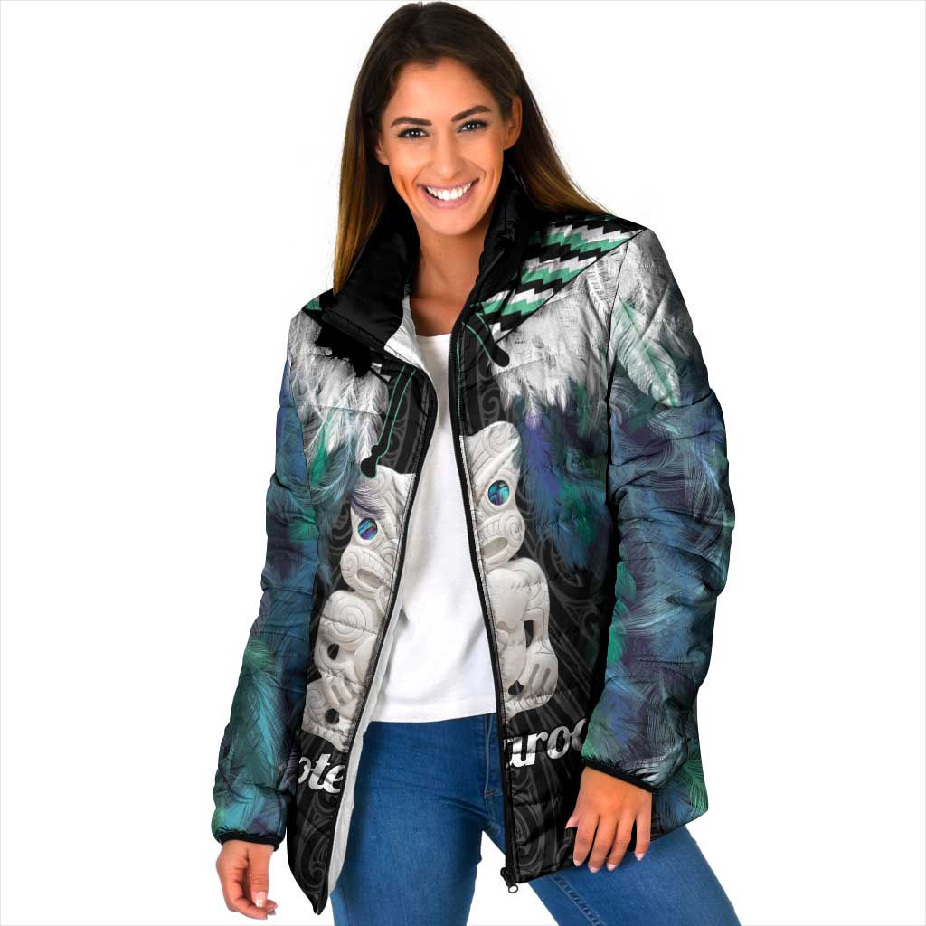 Aotearoa Korowai Motif Padded Jacket Hei Tiki Poutama Maori Pattern LT14 Women Turquoise - Polynesian Pride