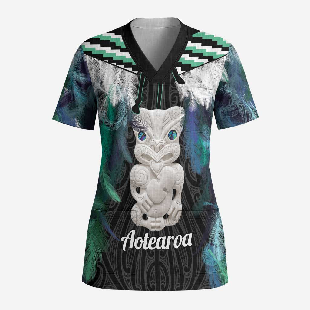 Aotearoa Korowai Motif Scrub Top Hei Tiki Poutama Maori Pattern LT14 Adult Turquoise - Polynesian Pride