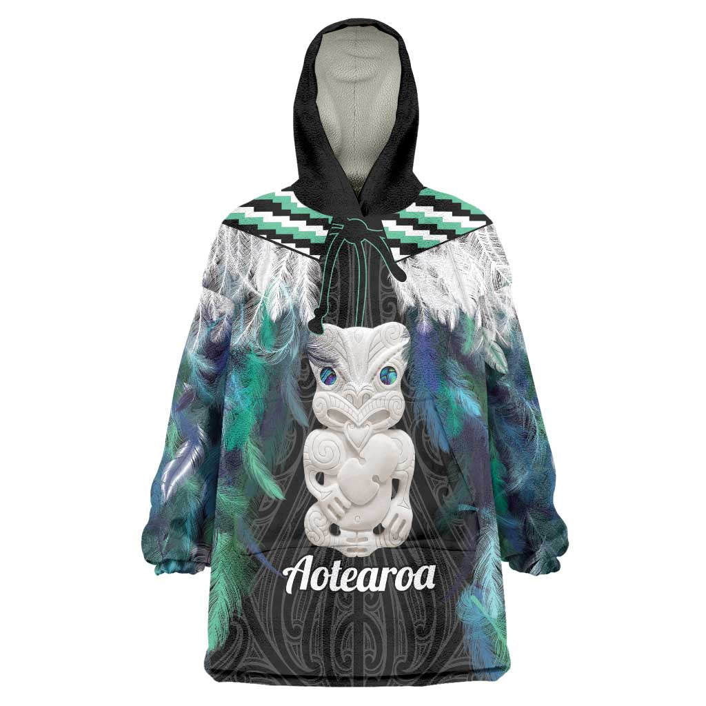 Aotearoa Korowai Motif Wearable Blanket Hoodie Hei Tiki Poutama Maori Pattern LT14 One Size Turquoise - Polynesian Pride