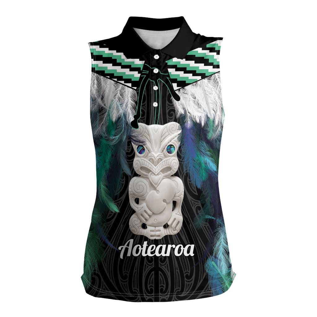Aotearoa Korowai Motif Women Sleeveless Polo Shirt Hei Tiki Poutama Maori Pattern