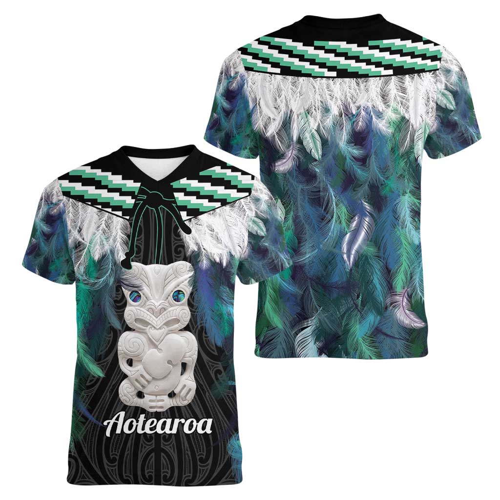 Aotearoa Korowai Motif Women V-Neck T-Shirt Hei Tiki Poutama Maori Pattern