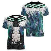 Aotearoa Korowai Motif Women V-Neck T-Shirt Hei Tiki Poutama Maori Pattern