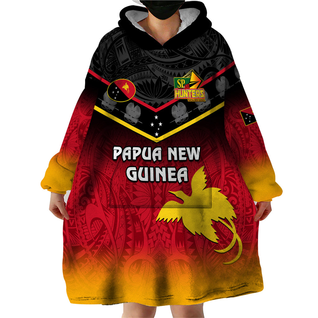 Personalised Papua New Guinea Rugby Wearable Blanket Hoodie PNG Hunters Polynesian Black LT14 - Polynesian Pride