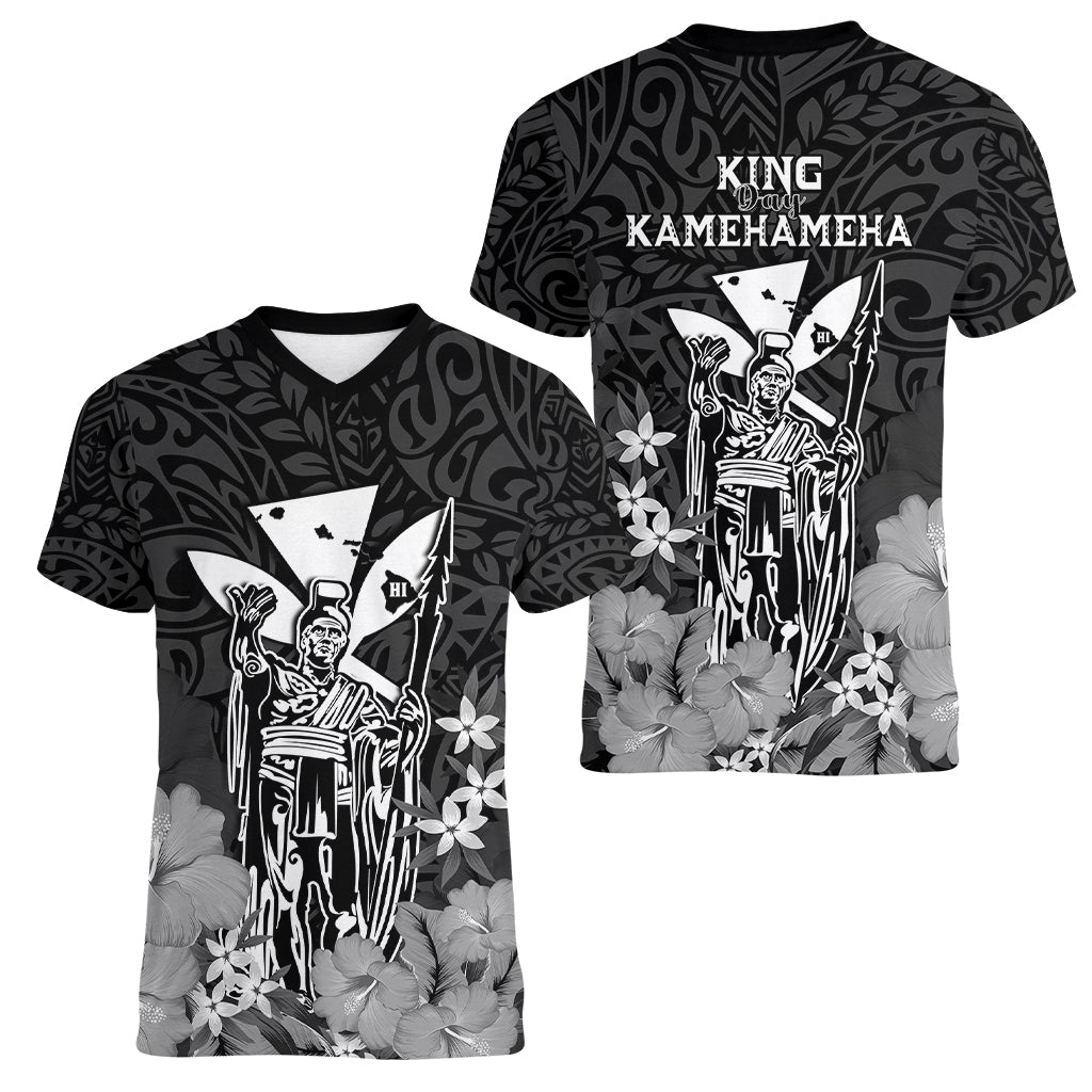 Polynesian Pride King Kamehameha Day Hawaii Women V Neck T Shirt Polynesia Tribal Kanaka And Hibiscus Black LT14 - Polynesian Pride