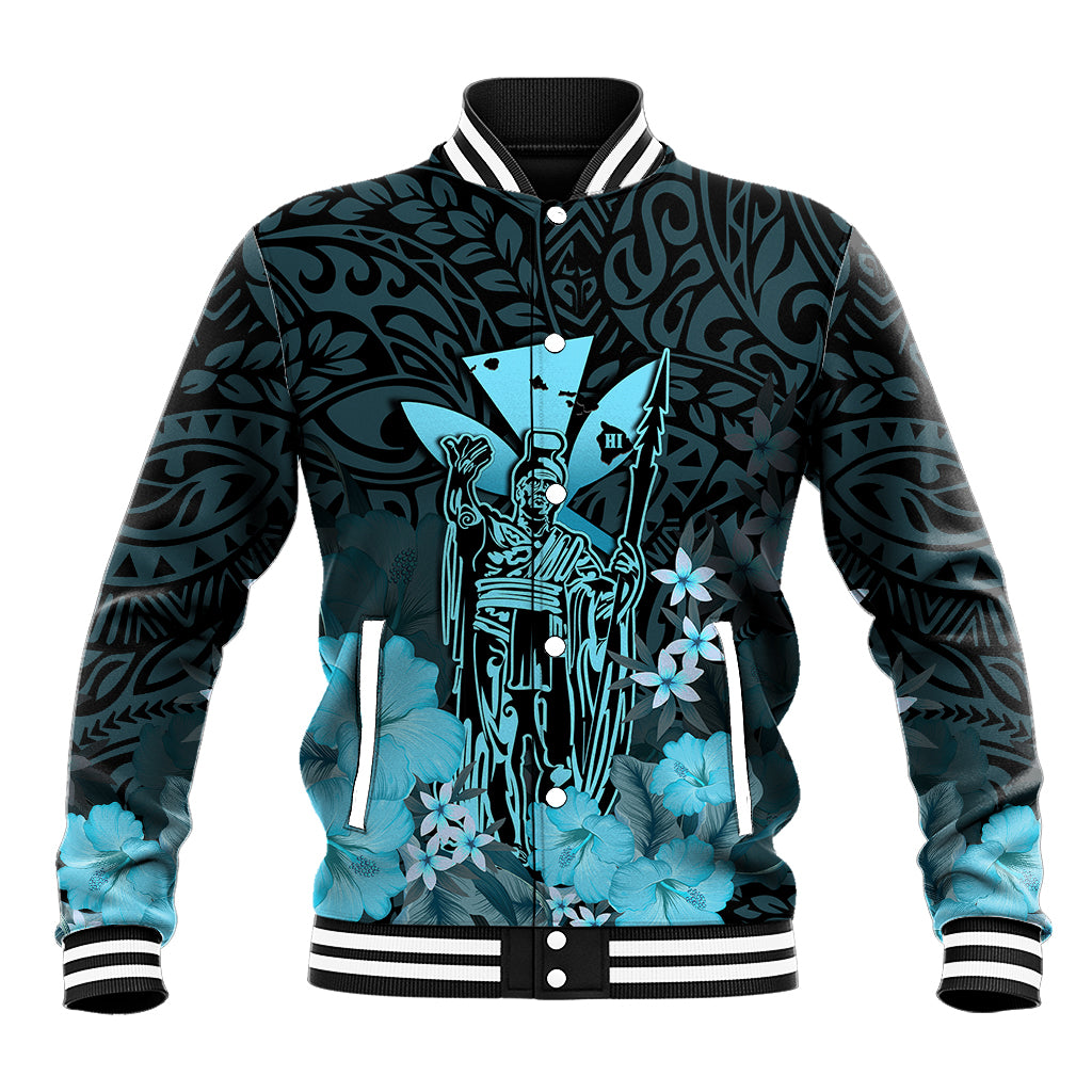 Personalised King Kamehameha Day Hawaii Baseball Jacket Polynesia Tribal Kanaka And Hibiscus Turquoise LT14 Unisex Turquoise - Polynesian Pride