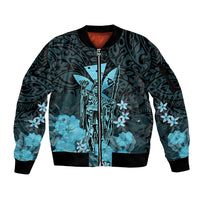 Personalised King Kamehameha Day Hawaii Sleeve Zip Bomber Jacket Polynesia Tribal Kanaka And Hibiscus Turquoise LT14 Unisex Turquoise - Polynesian Pride