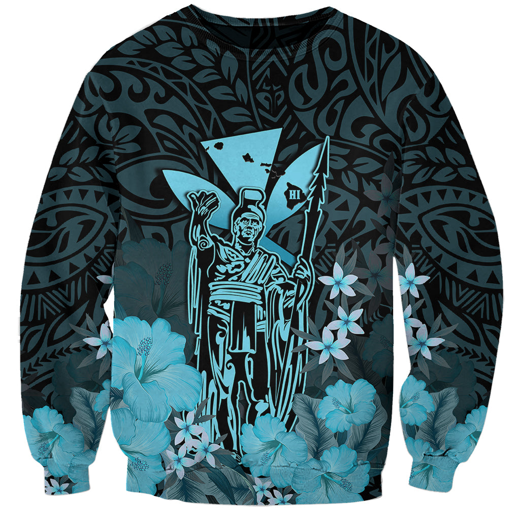 Personalised King Kamehameha Day Hawaii Sweatshirt Polynesia Tribal Kanaka And Hibiscus Turquoise LT14 Unisex Turquoise - Polynesian Pride