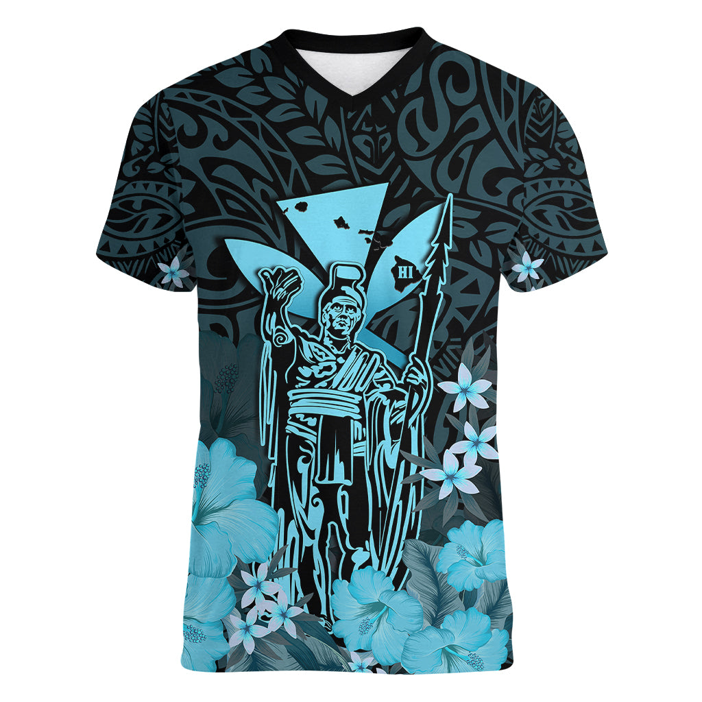 Personalised King Kamehameha Day Hawaii Women V Neck T Shirt Polynesia Tribal Kanaka And Hibiscus Turquoise LT14 Female Turquoise - Polynesian Pride