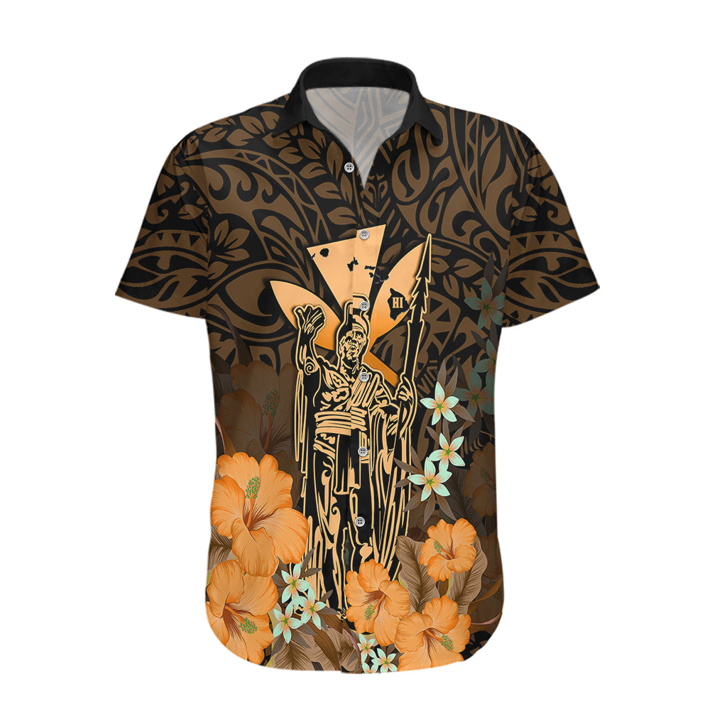 Personalised King Kamehameha Day Hawaii Hawaiian Shirt Polynesia Tribal Kanaka And Hibiscus Gold LT14 Gold - Polynesian Pride