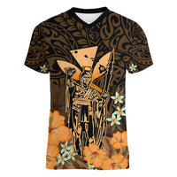 Personalised King Kamehameha Day Hawaii Women V Neck T Shirt Polynesia Tribal Kanaka And Hibiscus Gold LT14 Female Gold - Polynesian Pride