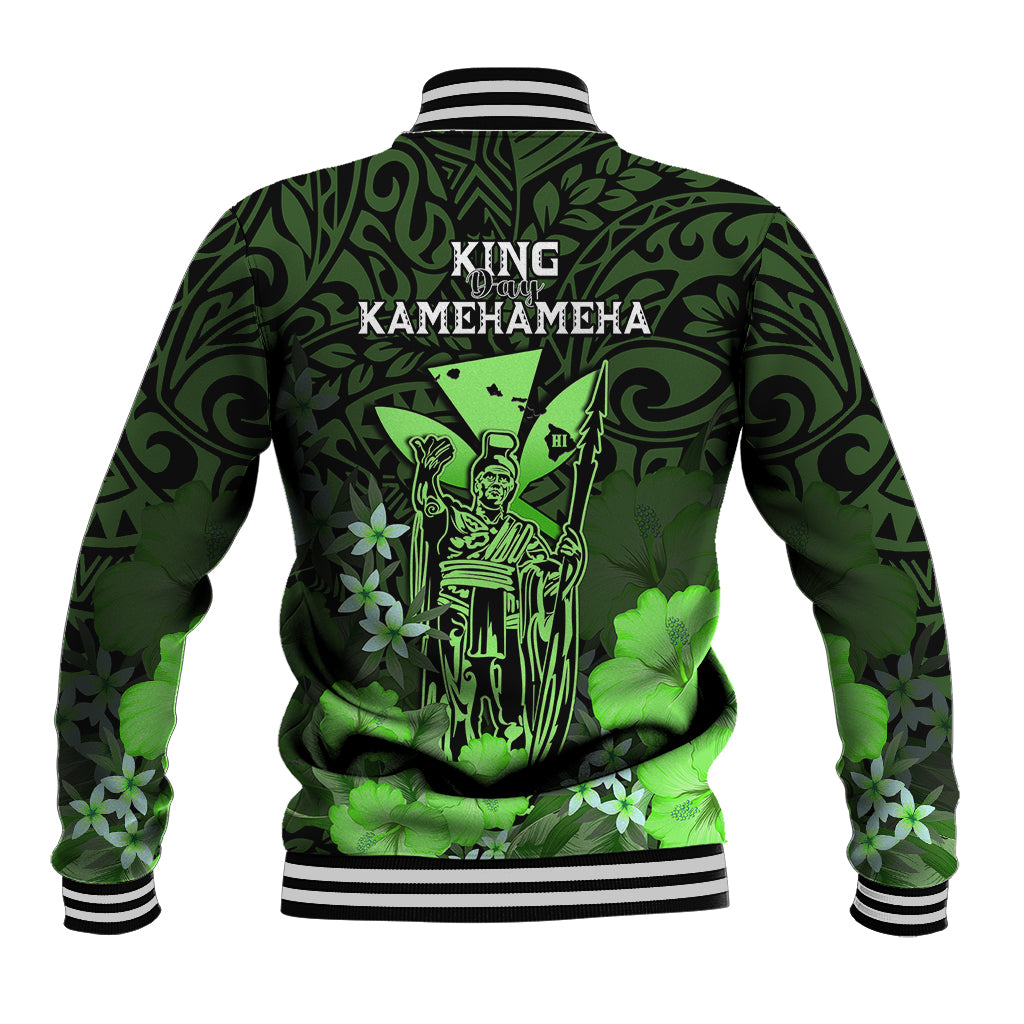 Polynesian Pride King Kamehameha Day Hawaii Baseball Jacket Polynesia Tribal Kanaka And Hibiscus Green LT14 - Polynesian Pride
