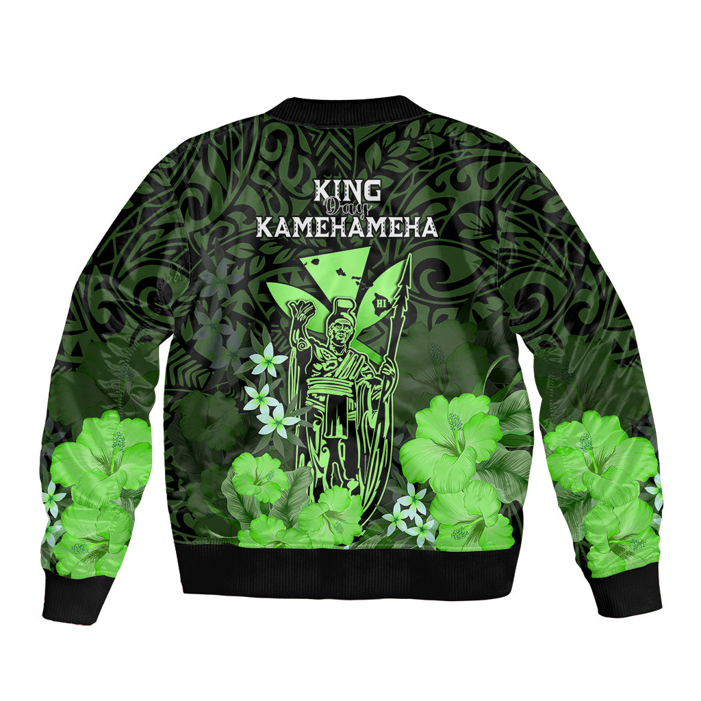 Polynesian Pride King Kamehameha Day Hawaii Bomber Jacket Polynesia Tribal Kanaka And Hibiscus Green LT14 - Polynesian Pride
