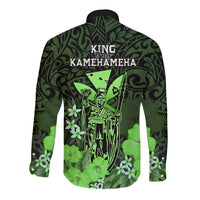 Polynesian Pride King Kamehameha Day Hawaii Long Sleeve Button Shirt Polynesia Tribal Kanaka And Hibiscus Green LT14 - Polynesian Pride