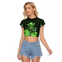 Polynesian Pride King Kamehameha Day Hawaii Raglan Cropped T Shirt Polynesia Tribal Kanaka And Hibiscus Green LT14 Female Green - Polynesian Pride