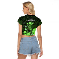 Polynesian Pride King Kamehameha Day Hawaii Raglan Cropped T Shirt Polynesia Tribal Kanaka And Hibiscus Green LT14 - Polynesian Pride