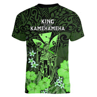 Polynesian Pride King Kamehameha Day Hawaii Women V Neck T Shirt Polynesia Tribal Kanaka And Hibiscus Green LT14 - Polynesian Pride
