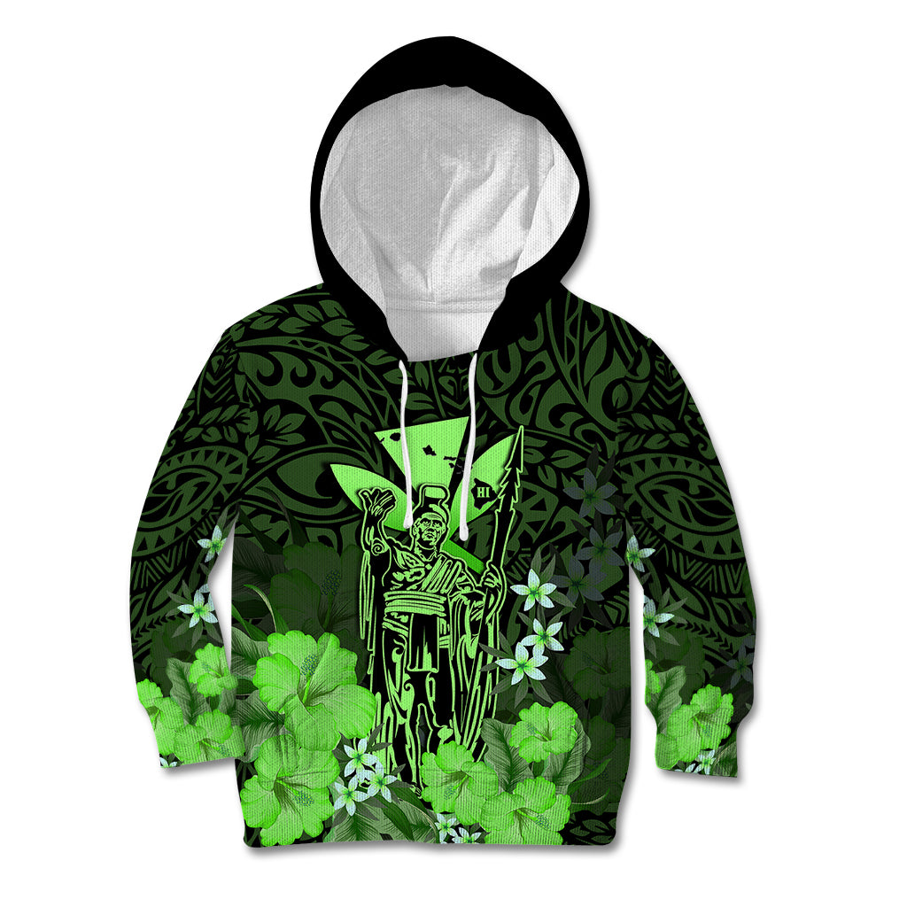 Personalised King Kamehameha Day Hawaii Kid Hoodie Polynesia Tribal Kanaka And Hibiscus Green LT14 Hoodie Green - Polynesian Pride