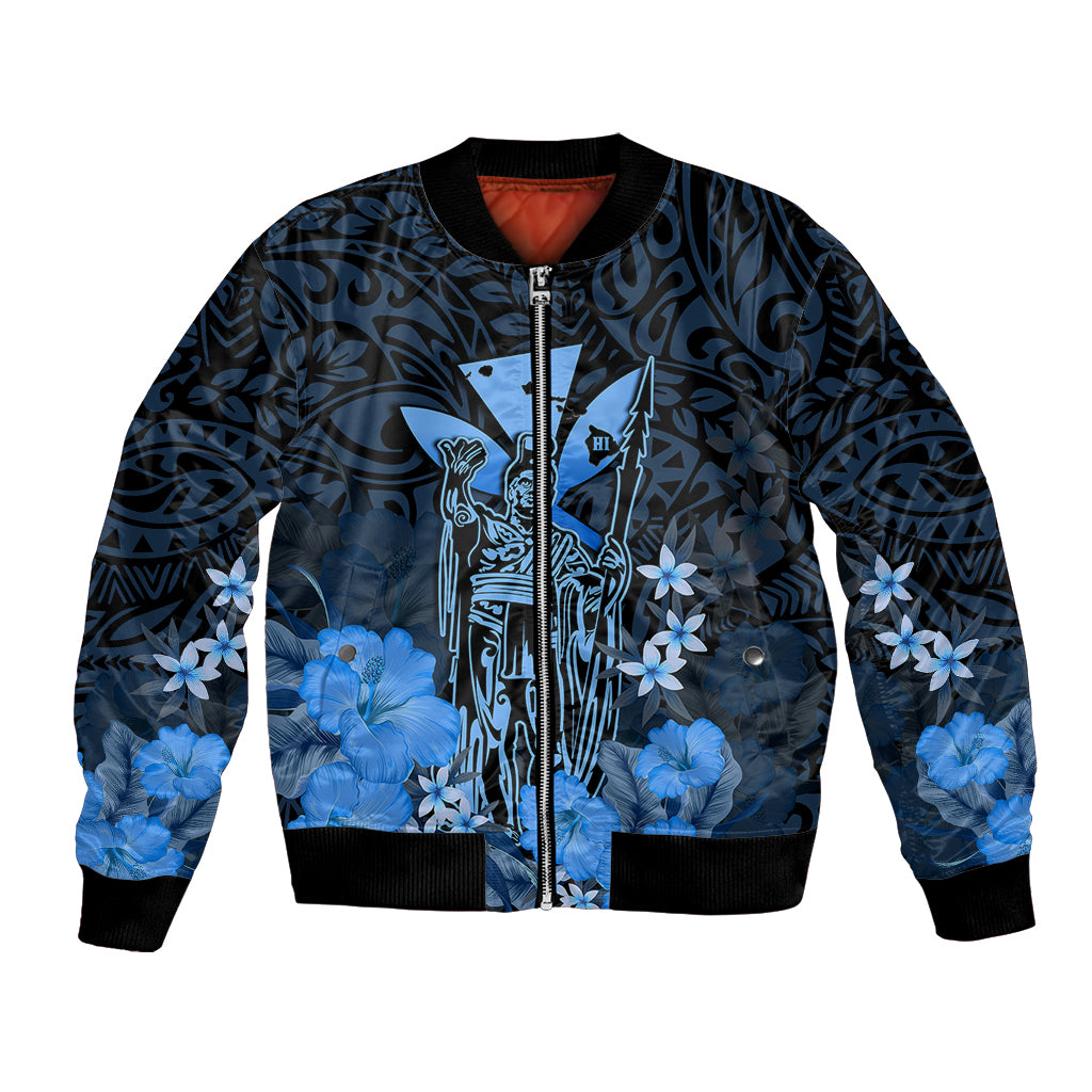 Polynesian Pride King Kamehameha Day Hawaii Bomber Jacket Polynesia Tribal Kanaka And Hibiscus Blue LT14 Unisex Blue - Polynesian Pride