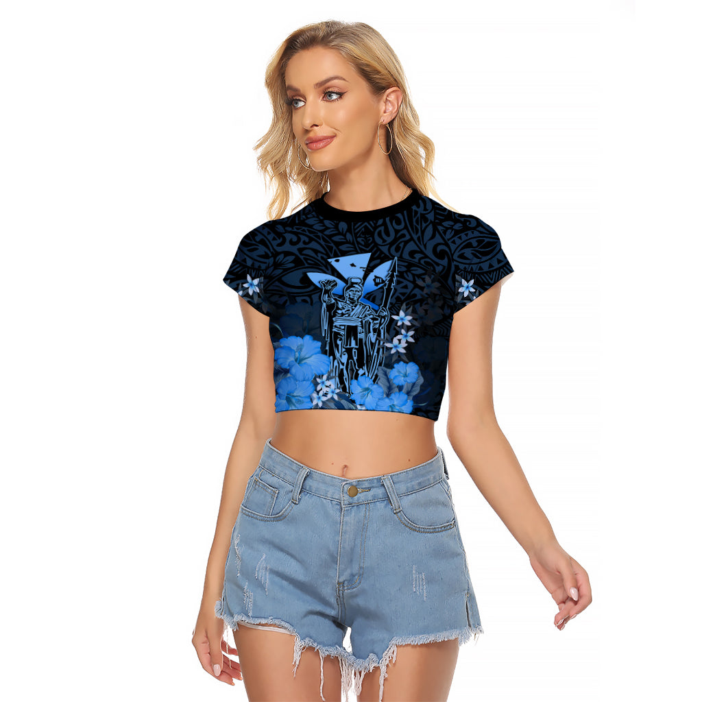 Polynesian Pride King Kamehameha Day Hawaii Raglan Cropped T Shirt Polynesia Tribal Kanaka And Hibiscus Blue LT14 Female Blue - Polynesian Pride