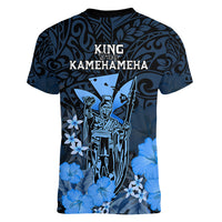 Polynesian Pride King Kamehameha Day Hawaii Women V Neck T Shirt Polynesia Tribal Kanaka And Hibiscus Blue LT14 - Polynesian Pride